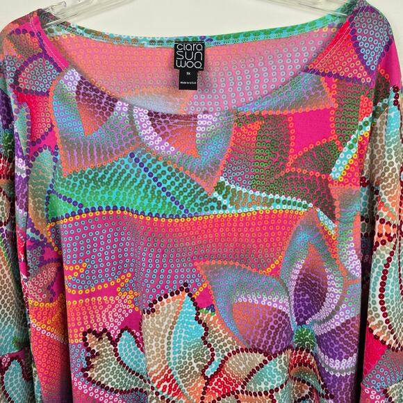 Clara Sun Woo Mosaic Petal Coral Multicolor High Low Tunic Ruffle Tie Sleeves 1X - Picture 12 of 13